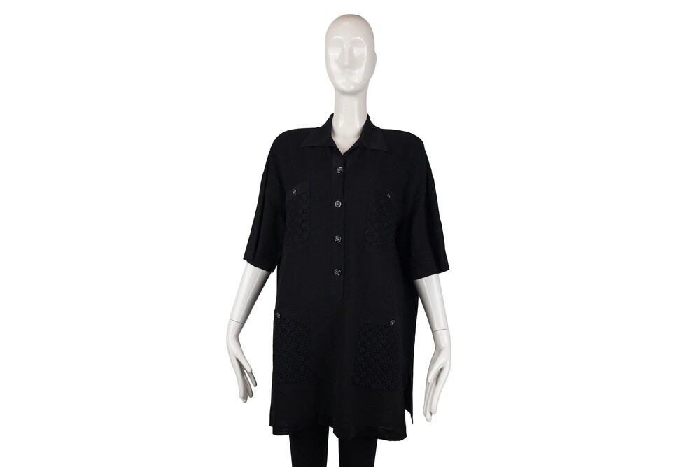 Chanel Black Oversized Eyelet Pocket Polo Cotton Knit Silver Hardware Size 42